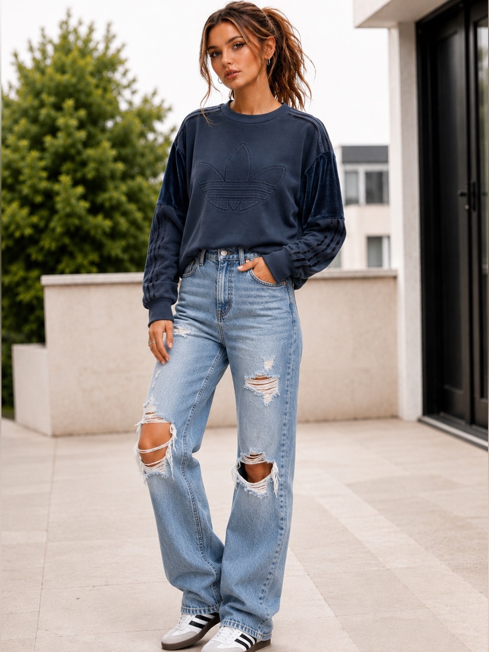 Adidas Originals Oversized Sweatshirt Y2K  Trefoil Velour Blue Velvet Smal